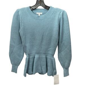Nordstrom Maisie Sweater Crew Neck Steel Blue Peplum Hem Puff Long Sleeve Medium